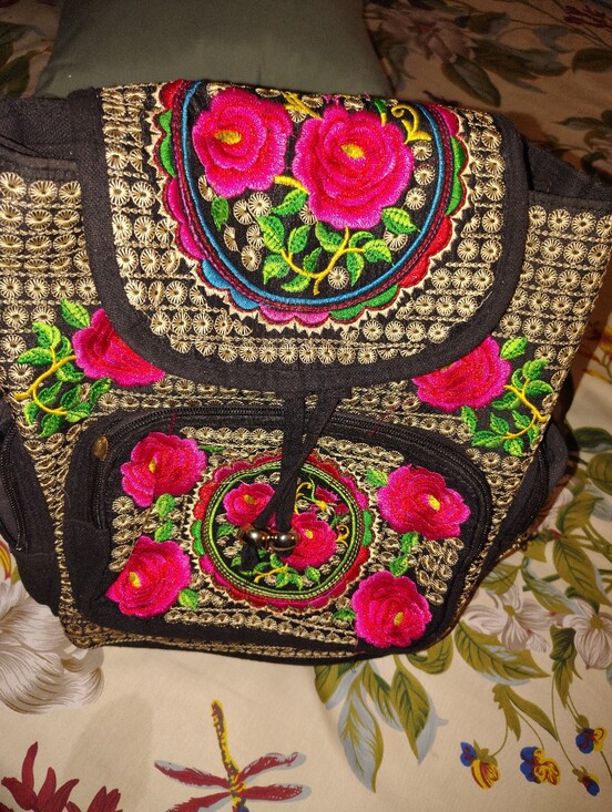 Source Unknown Handbags - Source Unknown Black Backpack with Bright Pink Floral Embroidery